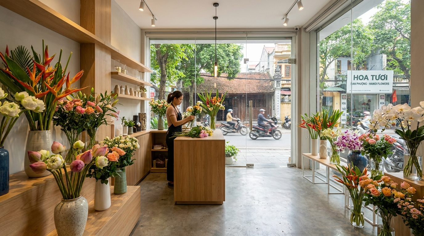 A sophisticated floral boutique interior with floor-to-ceiling shelves of fresh blooms.
